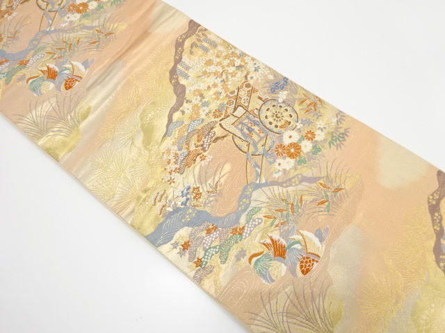 御所車に鴛鴦・草花模様織り出し　袋帯